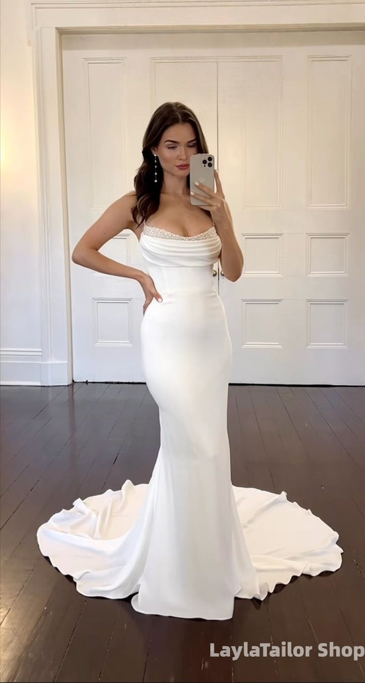 Spaghetti Straps Mermaid White Wedding Dresses Beaded Wedding Bridal Dress