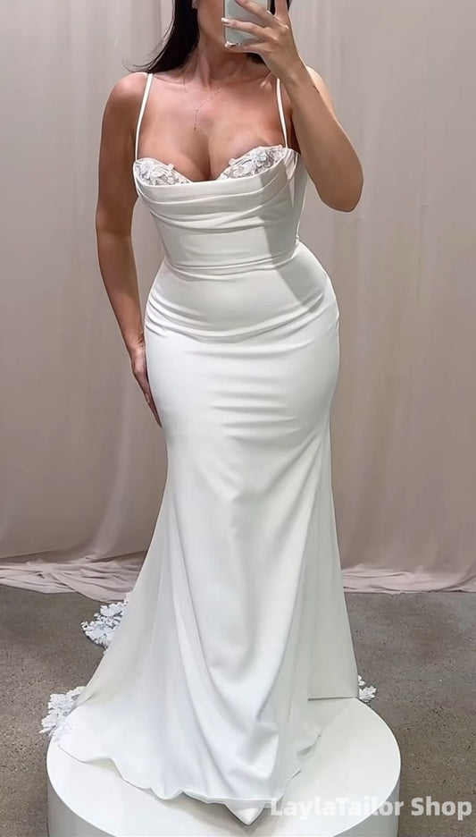 Spaghetti Straps Mermaid White Wedding Dresses With Floral Lace Train
