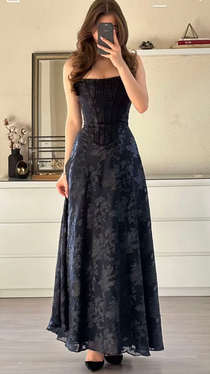 Spaghetti Straps Navy Blue Prom Dresses Floral Evening Party Dress,LTP4280