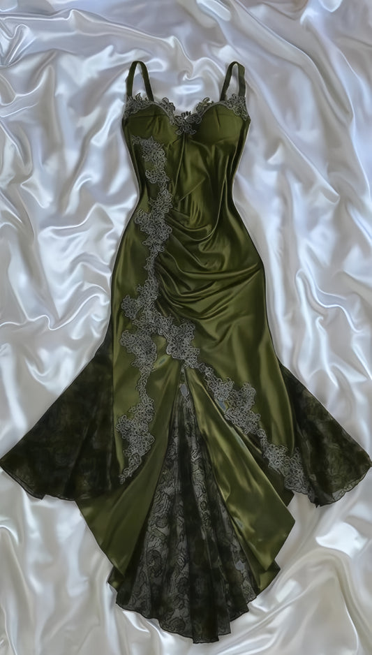 Spaghetti Straps Olive Green Party Dress, Appliques Sweetheart Prom Dress,LTP3683