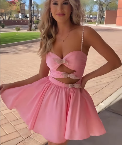 Spaghetti Straps Pink A-line Beaded Homecoming Dresses With Bows, LTP3387