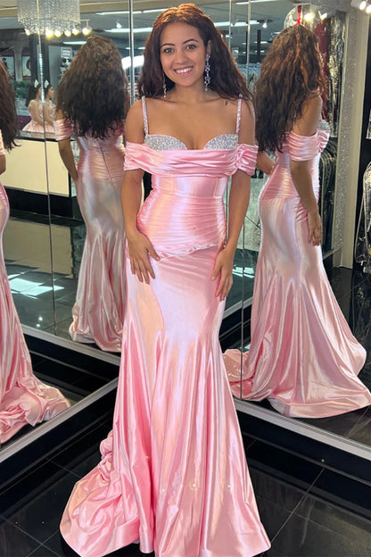 Spaghetti Straps Pink Bodycon Long Prom Dresses