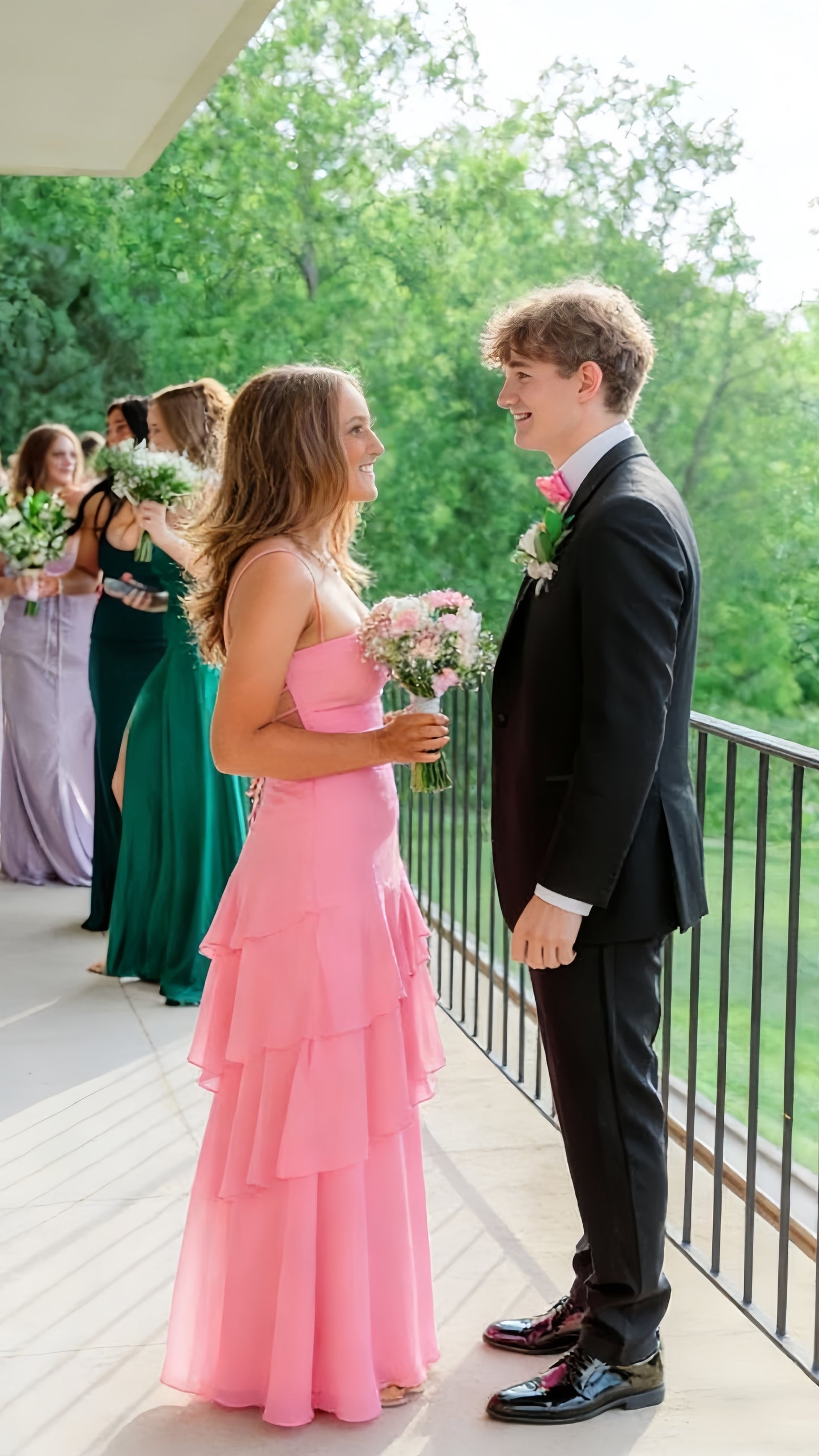 Spaghetti Straps Pink Chiffon Senior Prom Dresses Ruffle Criss Cross Evening Party Dress,LTP4350