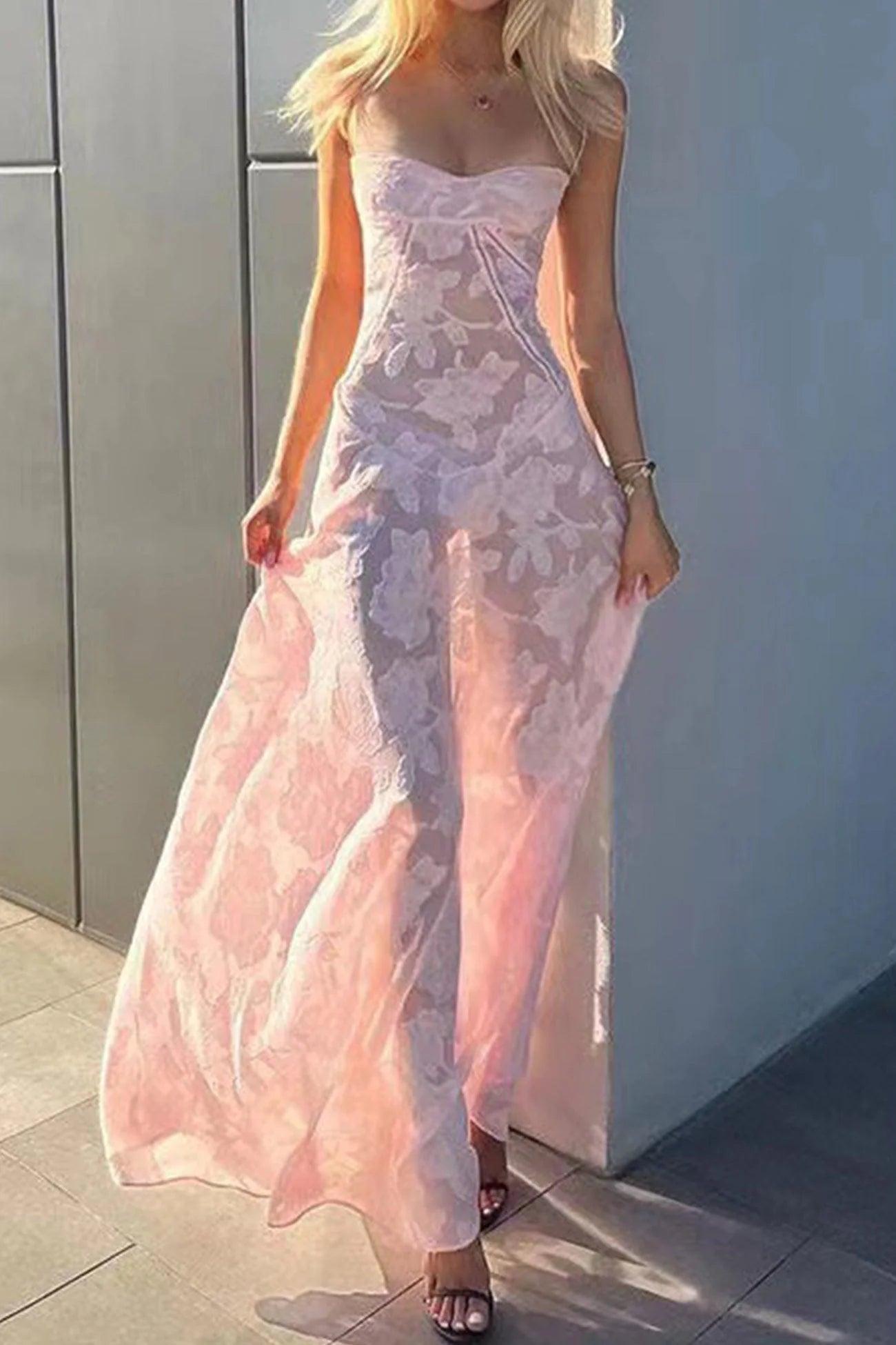 Spaghetti Straps Pink Lace Prom Dresses Long Birthday Dress