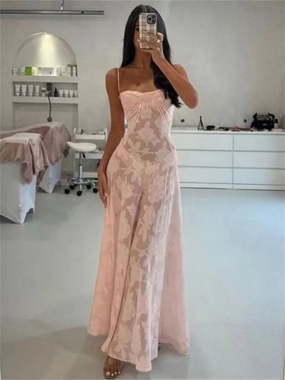 Spaghetti Straps Pink Lace Prom Dresses Long Birthday Dress