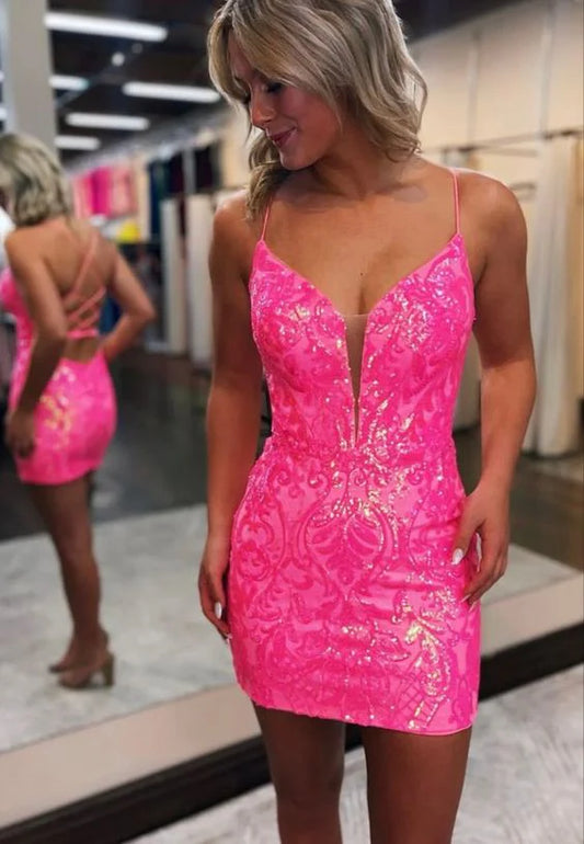 Spaghetti Straps Pink Lace Sequin Homecoming Dresses, LTP3278