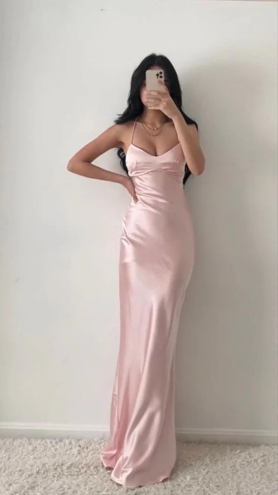 Spaghetti Straps Pink Prom Dress With Cross Back