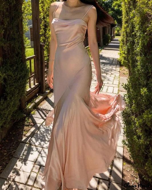 Spaghetti Straps Pink Silk Satin Long Evening Prom Dress