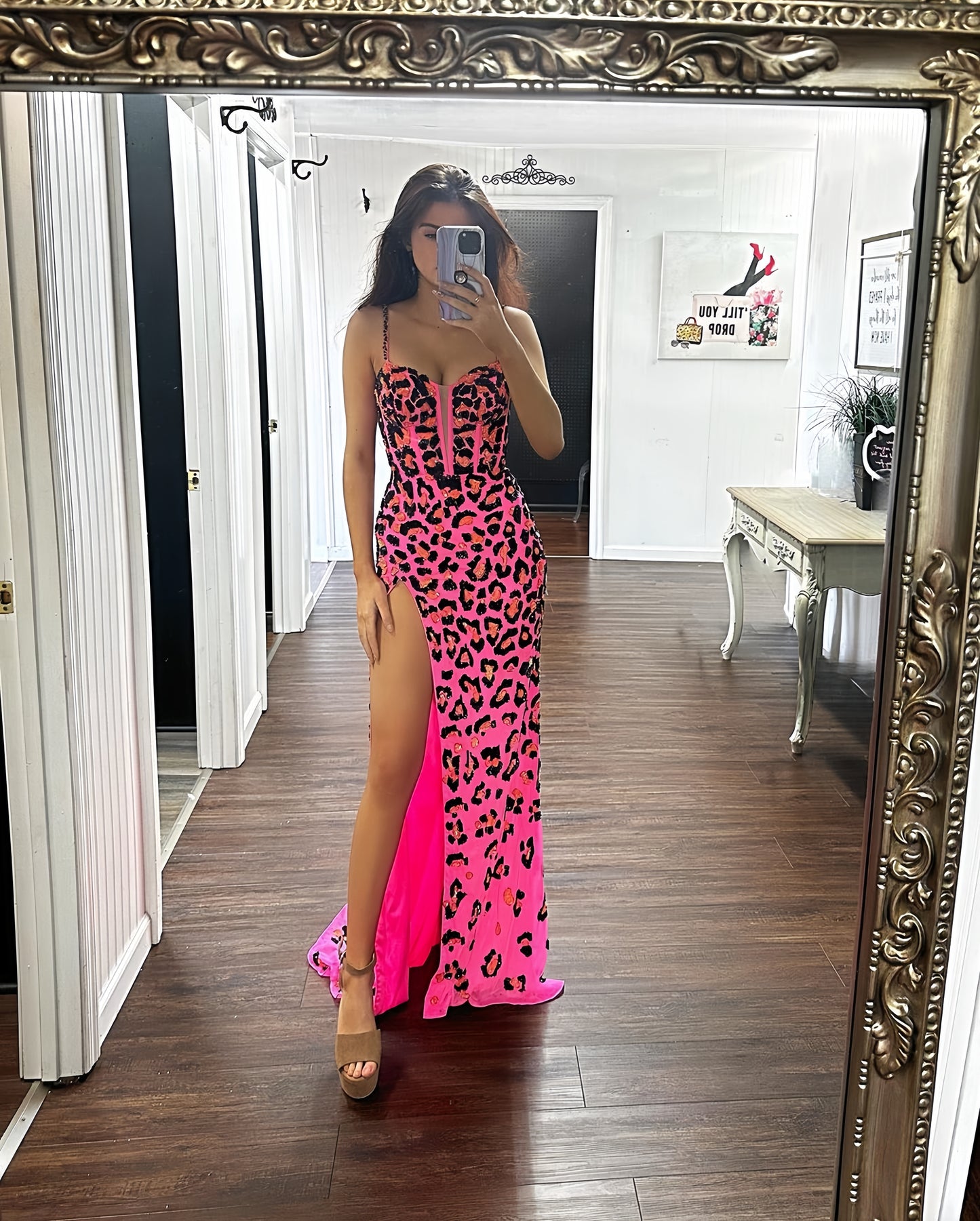 Spaghetti Straps Prom Dresses Sequin Leopard Long Party Dress, LTP3343