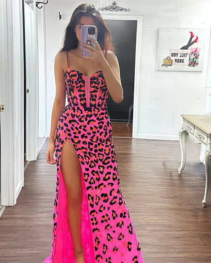 Spaghetti Straps Prom Dresses Sequin Leopard Long Party Dress, LTP3343