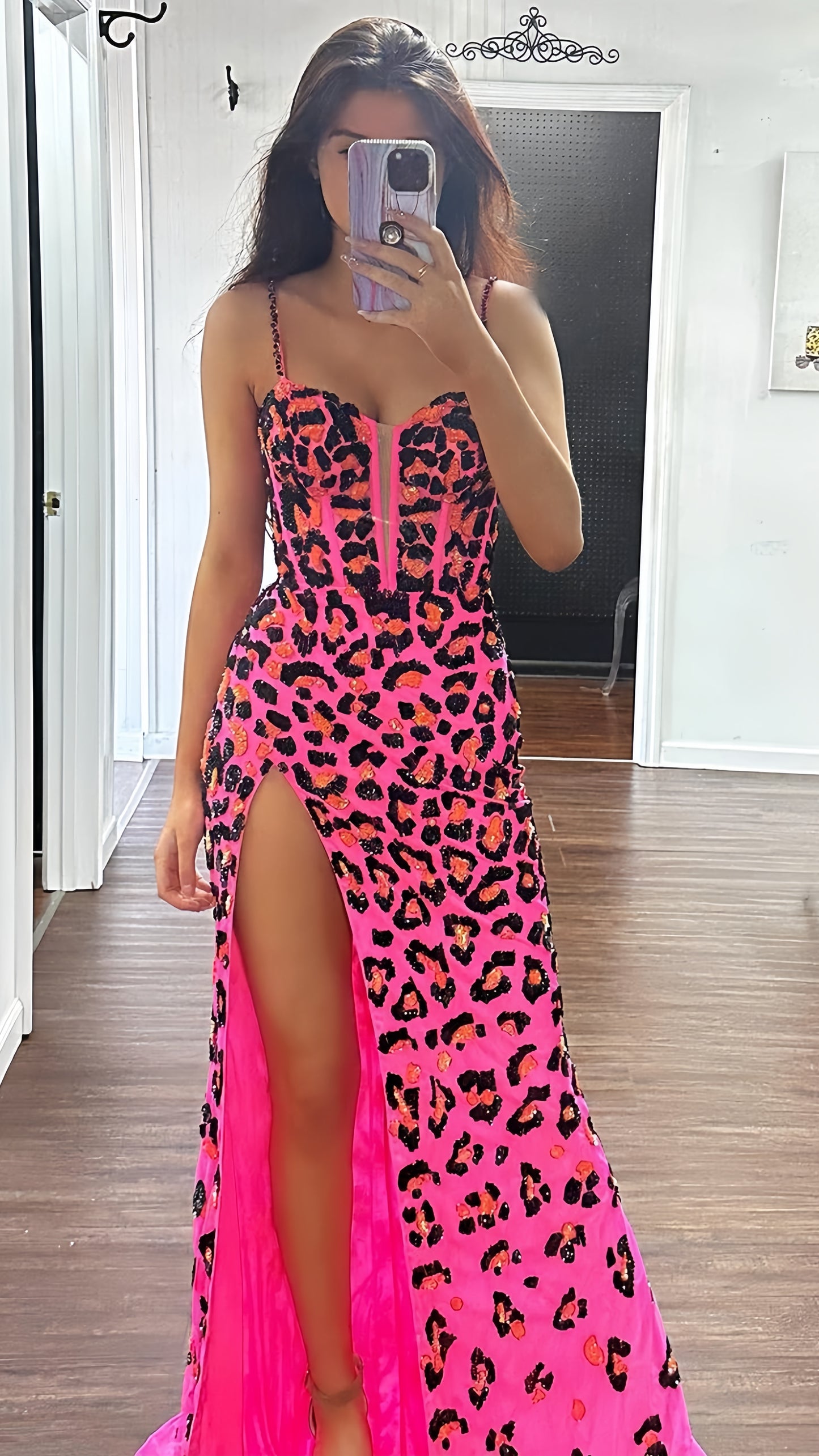 Spaghetti Straps Prom Dresses Sequin Leopard Long Party Dress, LTP3343