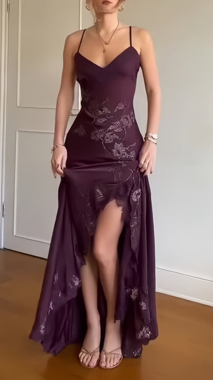 Spaghetti Straps Purple Floral Chiffon Party Dresses Dance Prom Dress,LTP4333