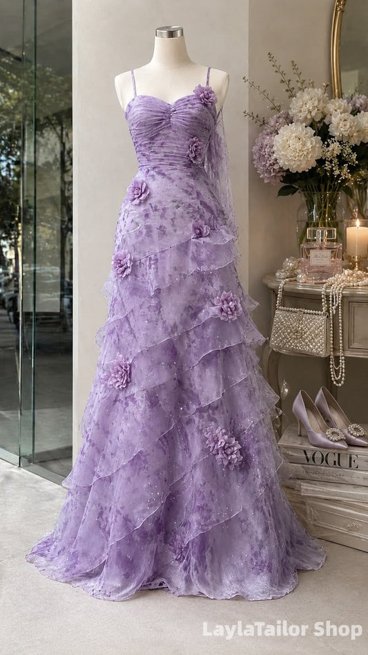 Spaghetti Straps Purple Floral Chiffon Ruffle Prom Dresses LTP82757