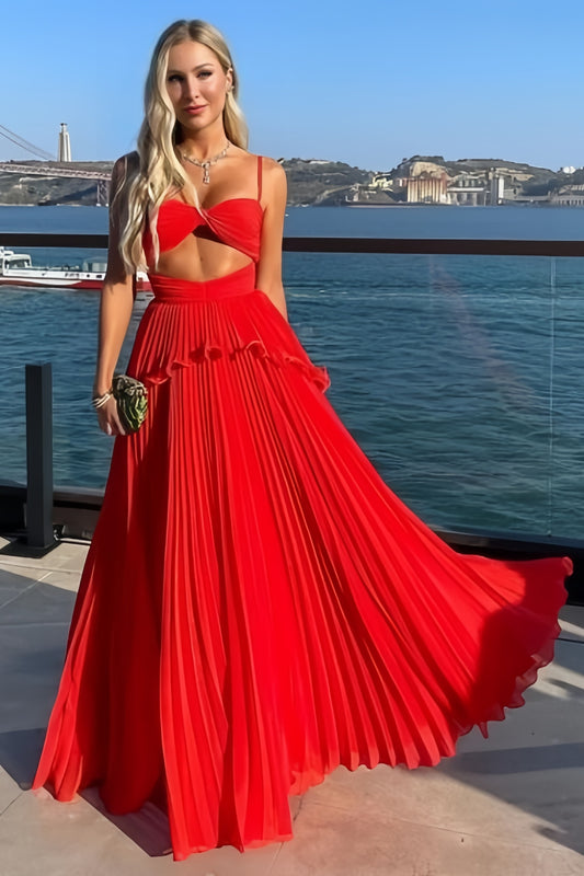 Spaghetti Straps Red Pleated Chiffon Senior Prom Dress, Party Gown, LTP3502