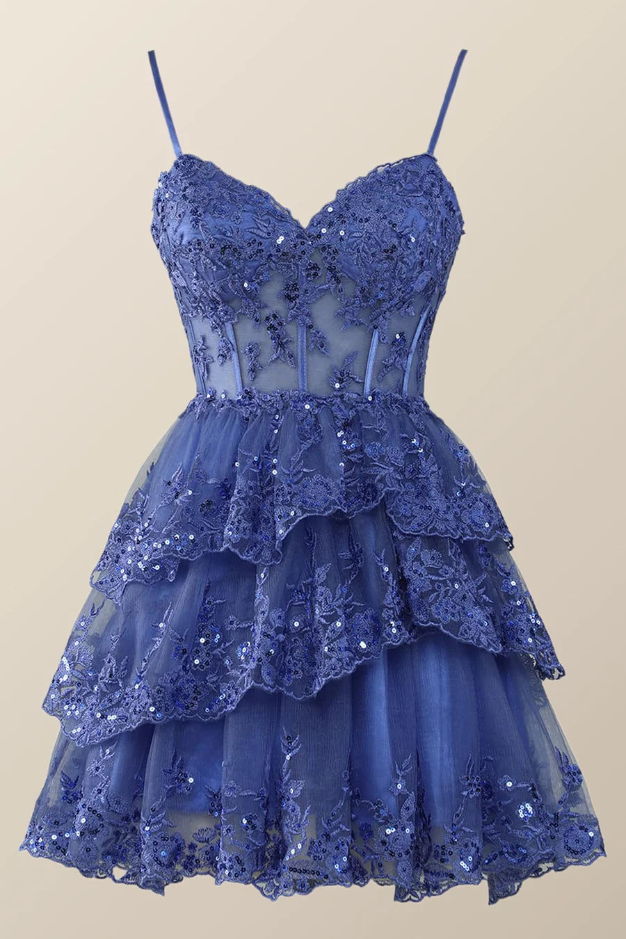 Spaghetti Straps Ruffle Lace Sequin Homecoming Dresses