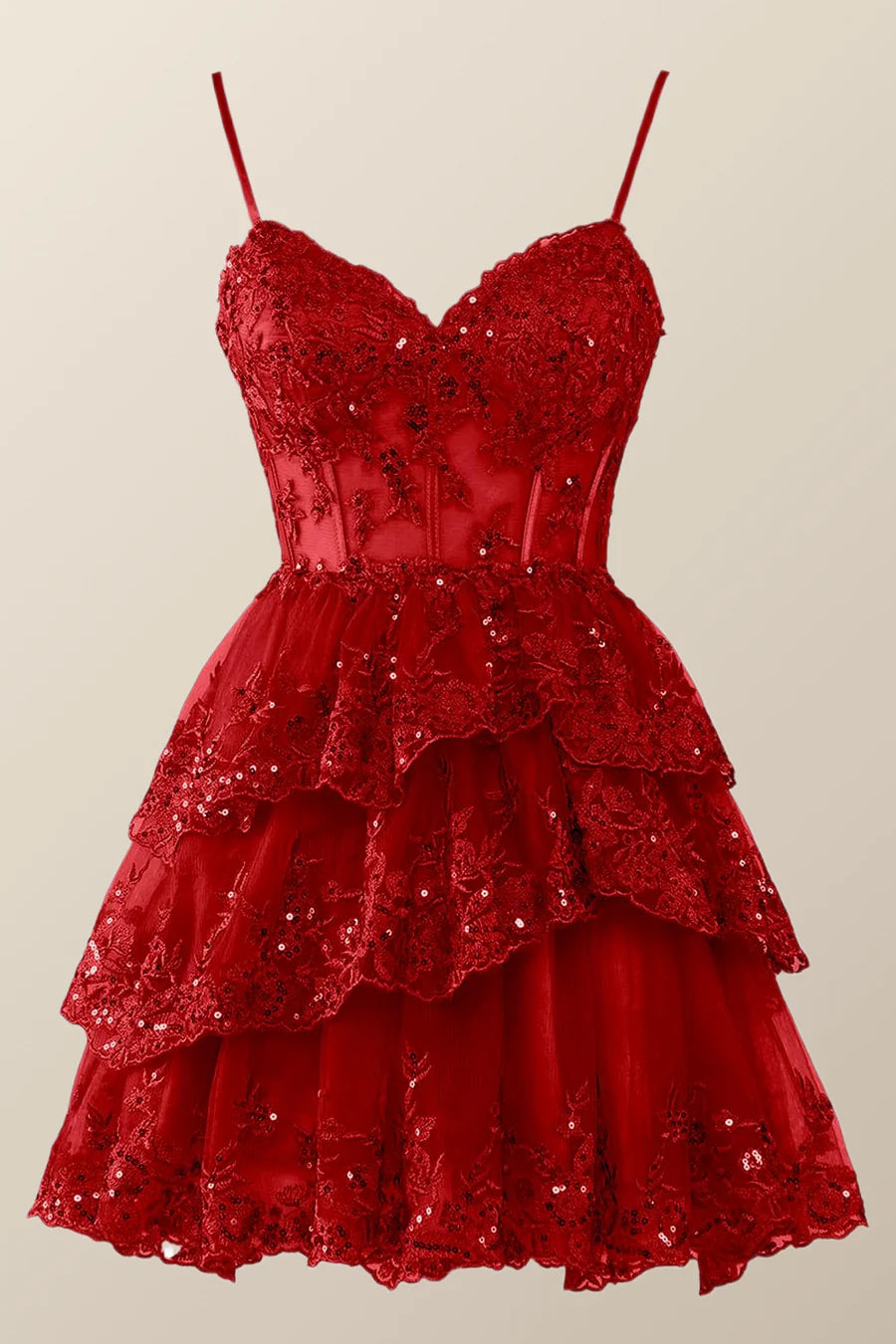 Spaghetti Straps Ruffle Lace Sequin Homecoming Dresses