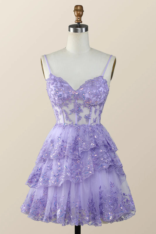 Spaghetti Straps Ruffle Lace Sequin Homecoming Dresses