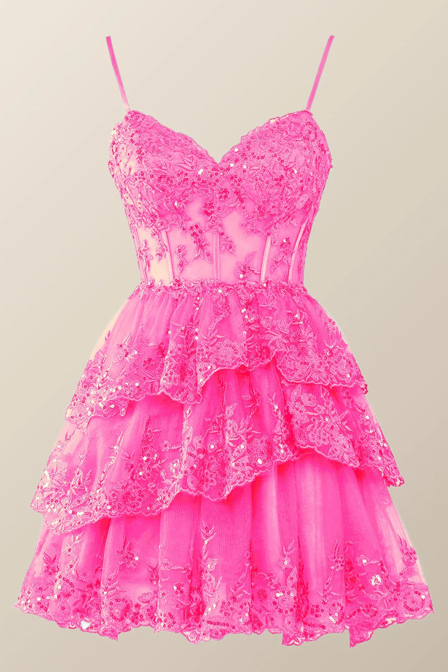 Spaghetti Straps Ruffle Lace Sequin Homecoming Dresses