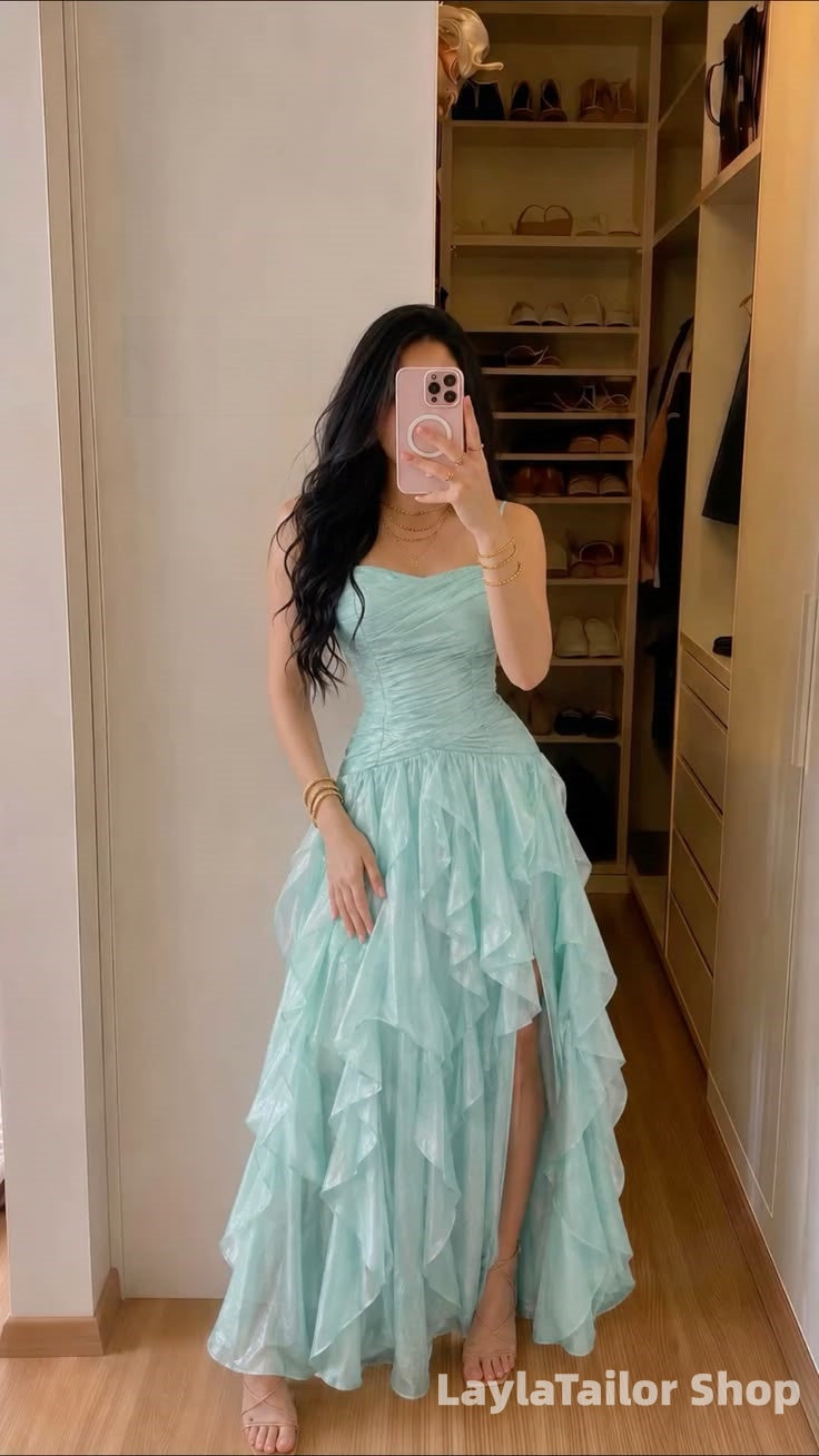 Spaghetti Straps Tiffany Blue Ruffles Prom Dresses LTP82724