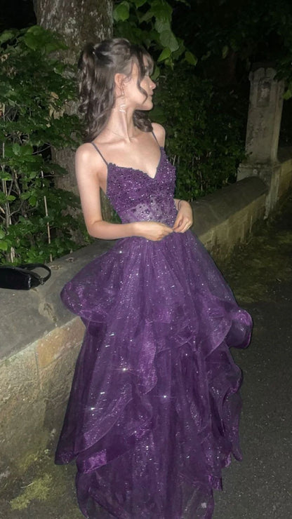 Spaghetti Straps Tulle Prom Dresses Sparkle Beaded Ruffle Evening Dress,LTP4147
