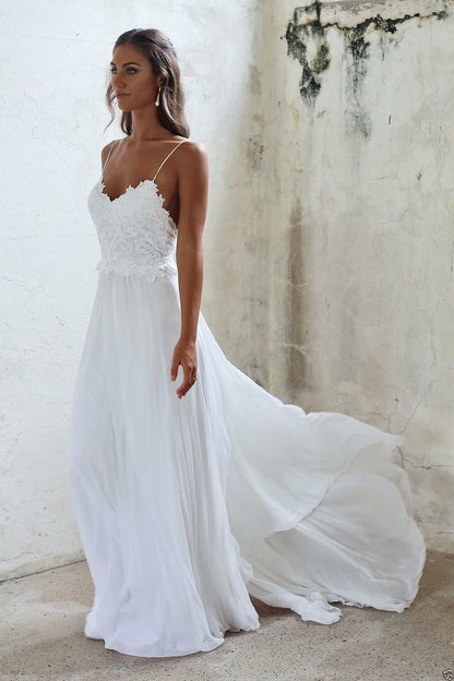 Spaghetti Straps White Lace Wedding Dresses Beach Wedding Gown