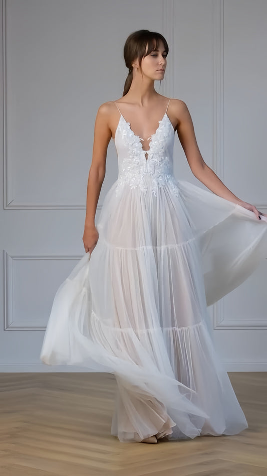 Spaghetti Straps White V-Neck Wedding Gown Applique Tulle Bridal Dress, LTP3402