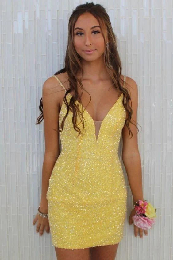 Spaghetti Straps Yellow V-Neck Homecoming Dresses, LTP3012