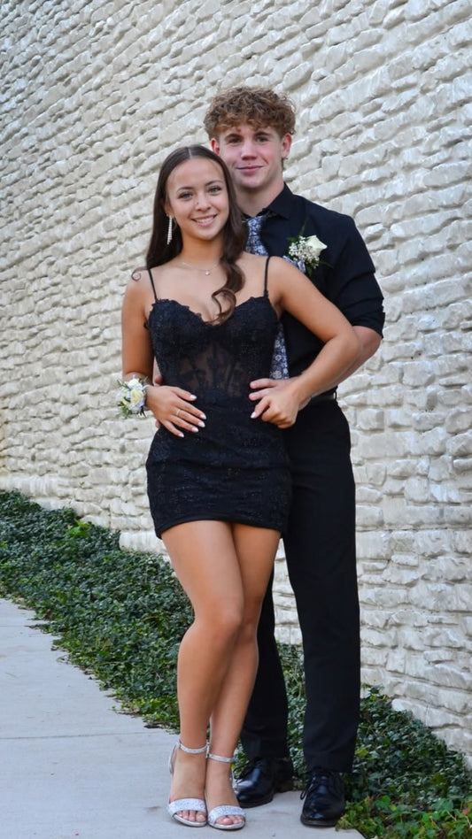 Spaghetti Straps Black Applique Mini Homecoming Dress,LTP3707