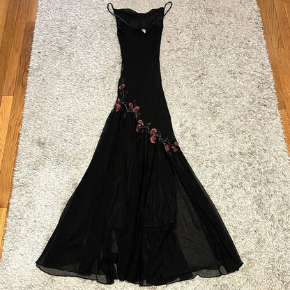 Spaghetti Straps Black Tulle Prom Dresses Floral Beaded Evening Party Dress,LTP4119