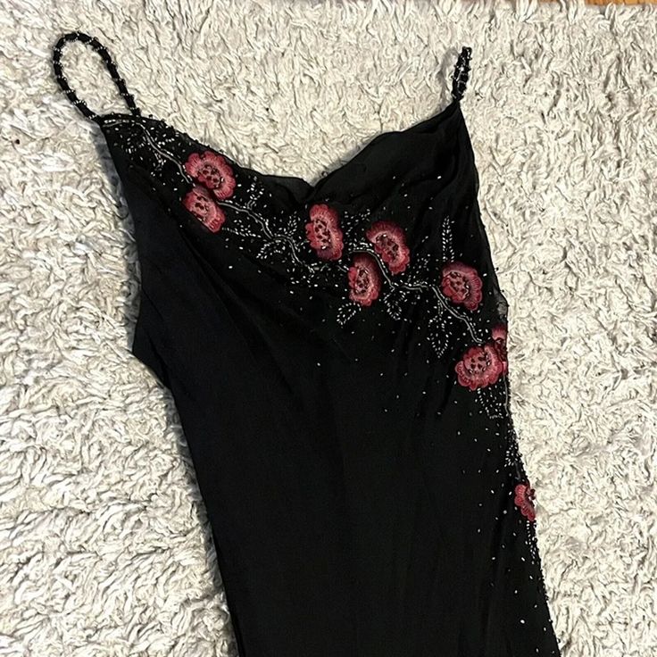 Spaghetti Straps Black Tulle Prom Dresses Floral Beaded Evening Party Dress,LTP4119