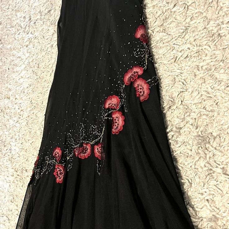 Spaghetti Straps Black Tulle Prom Dresses Floral Beaded Evening Party Dress,LTP4119