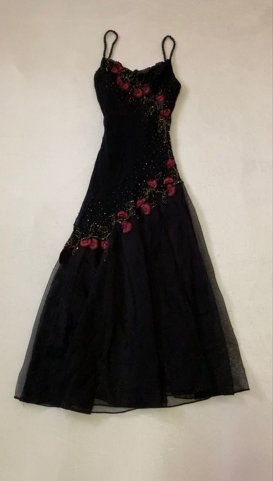 Spaghetti Straps Black Tulle Prom Dresses Floral Beaded Evening Party Dress,LTP4119