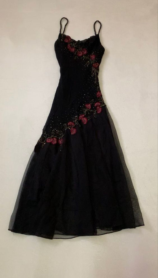 Spaghetti Straps Black Tulle Prom Dresses Floral Beaded Evening Party Dress,LTP4119