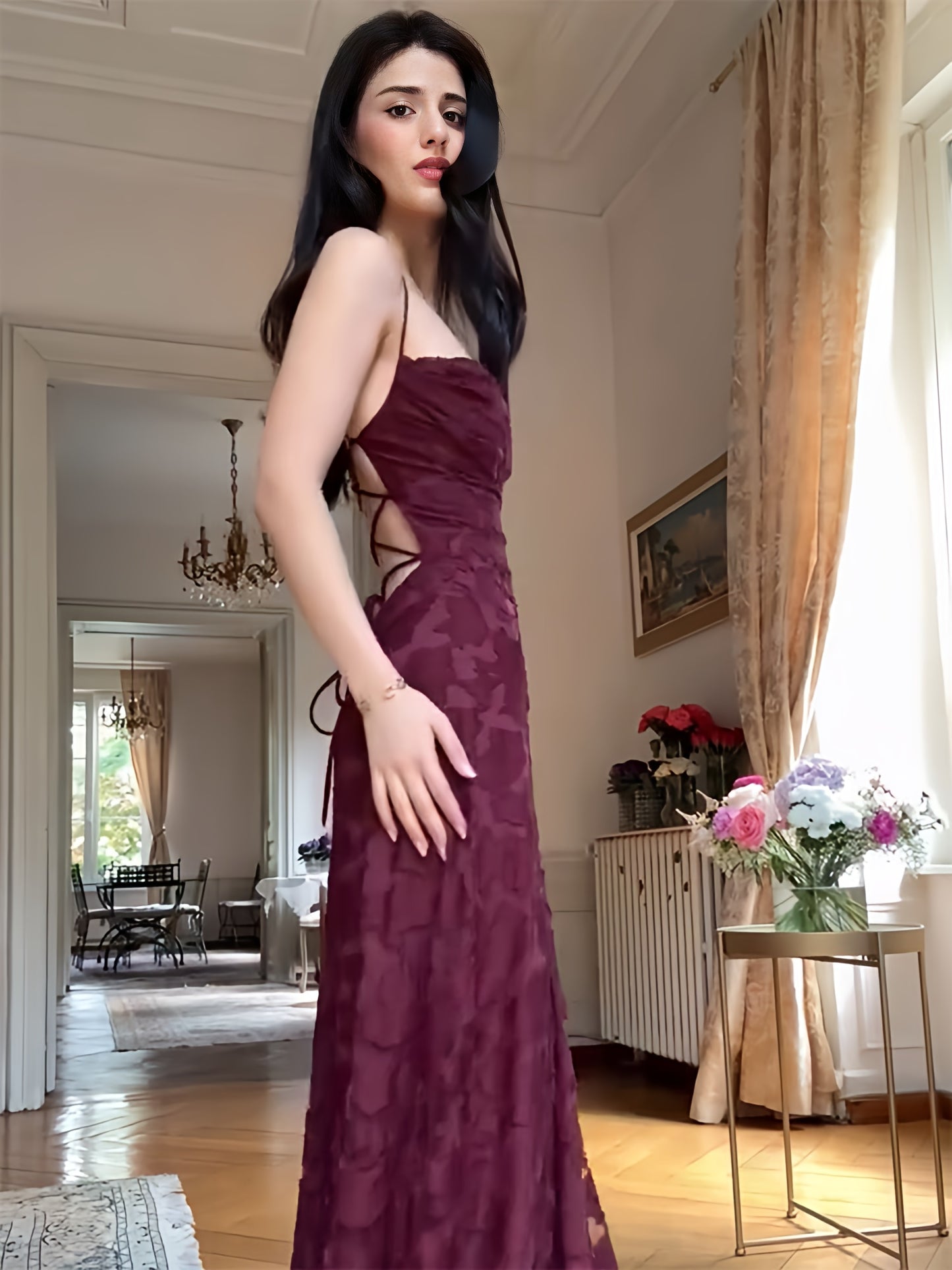 Spaghetti Straps Burgundy Lace Prom Dresses Sheath Formal Party Dress,LTP4137