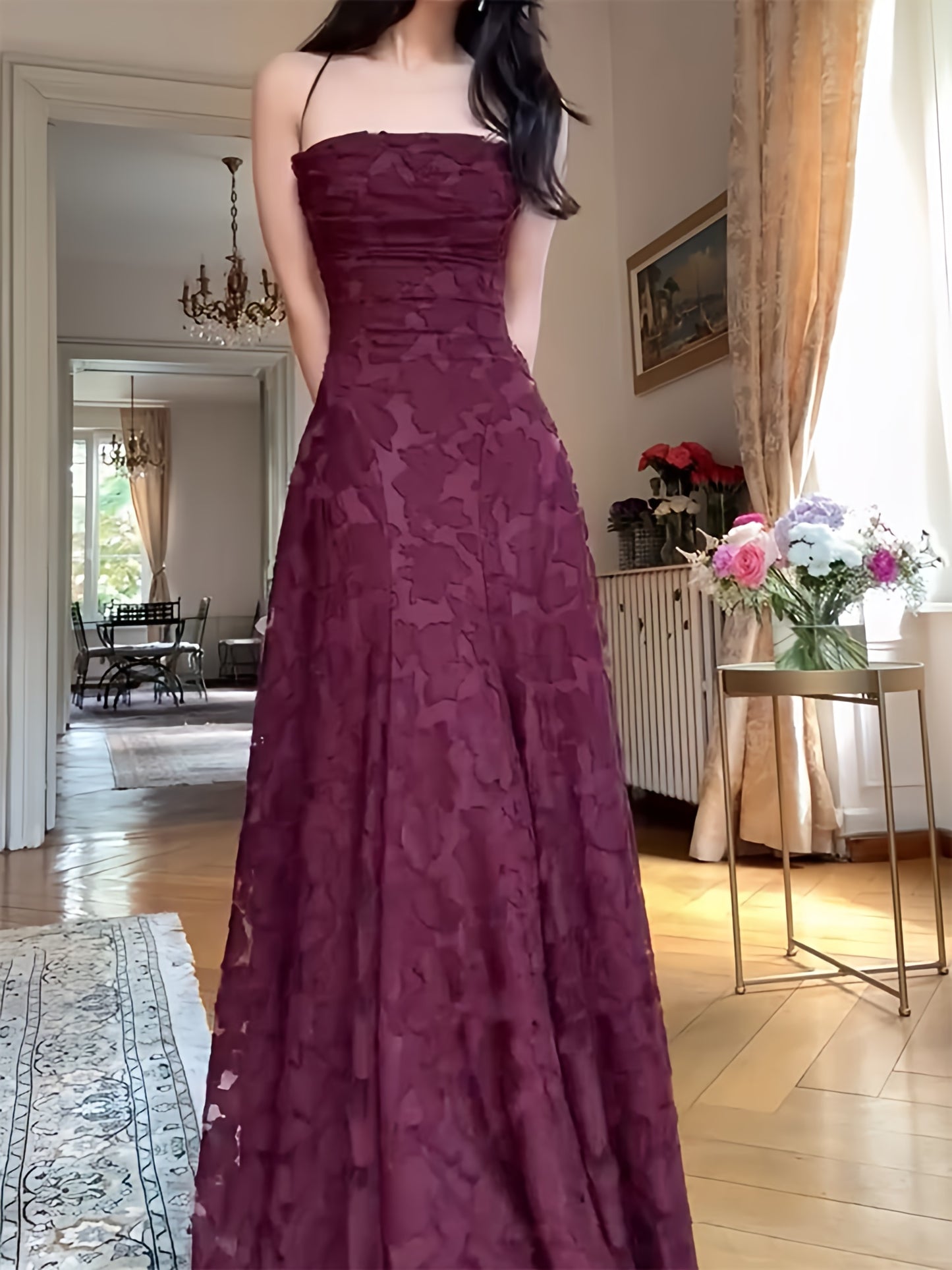 Spaghetti Straps Burgundy Lace Prom Dresses Sheath Formal Party Dress,LTP4137