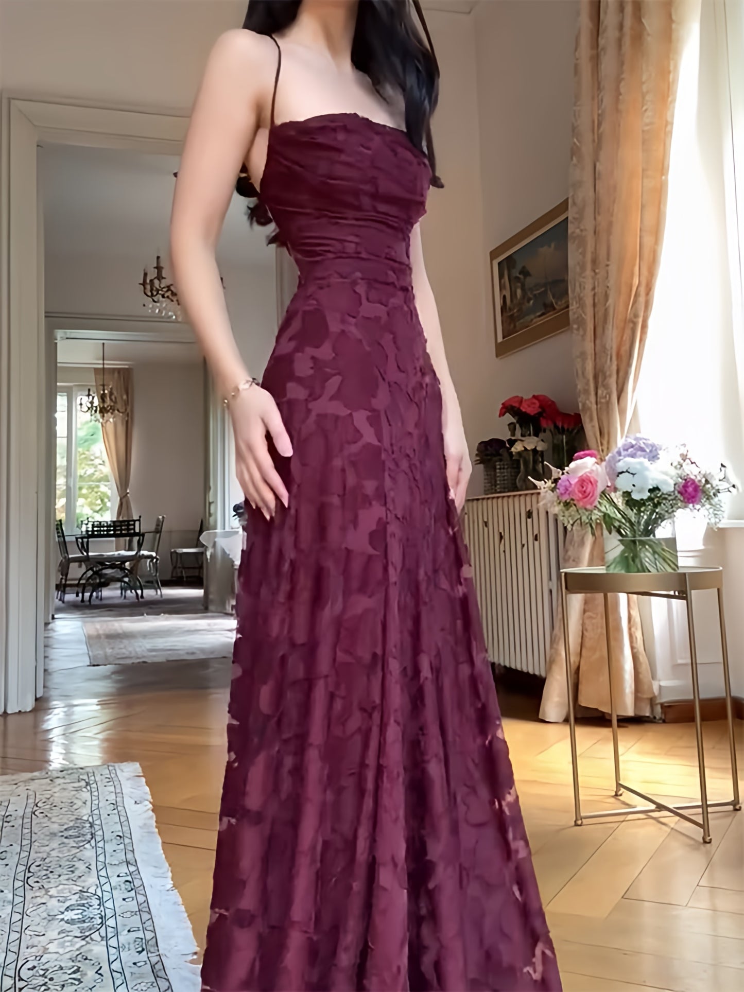 Spaghetti Straps Burgundy Lace Prom Dresses Sheath Formal Party Dress,LTP4137