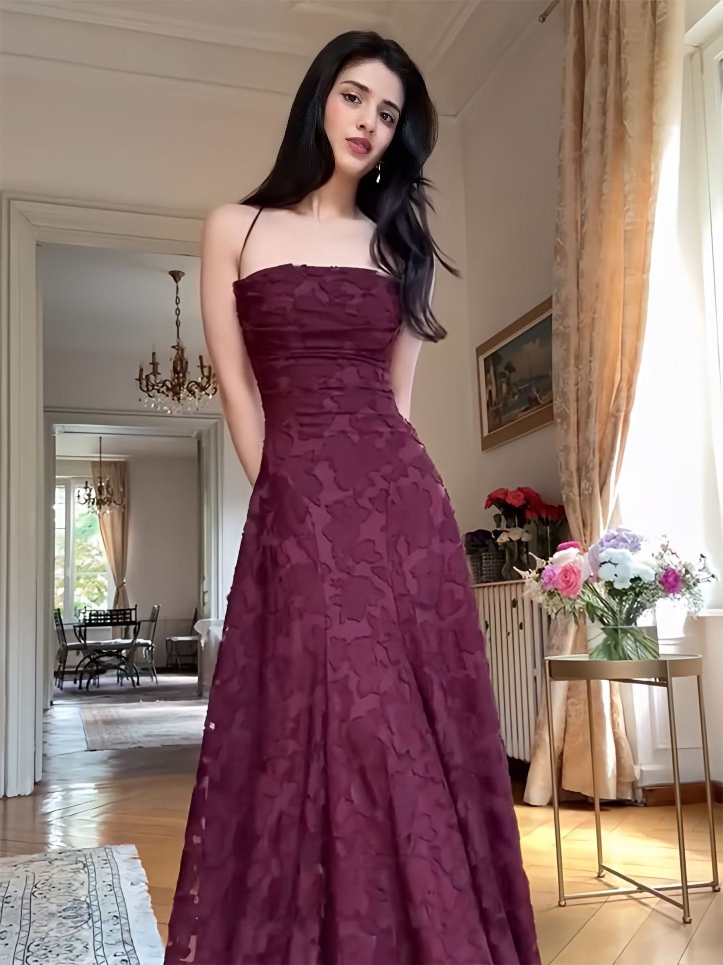 Spaghetti Straps Burgundy Lace Prom Dresses Sheath Formal Party Dress,LTP4137