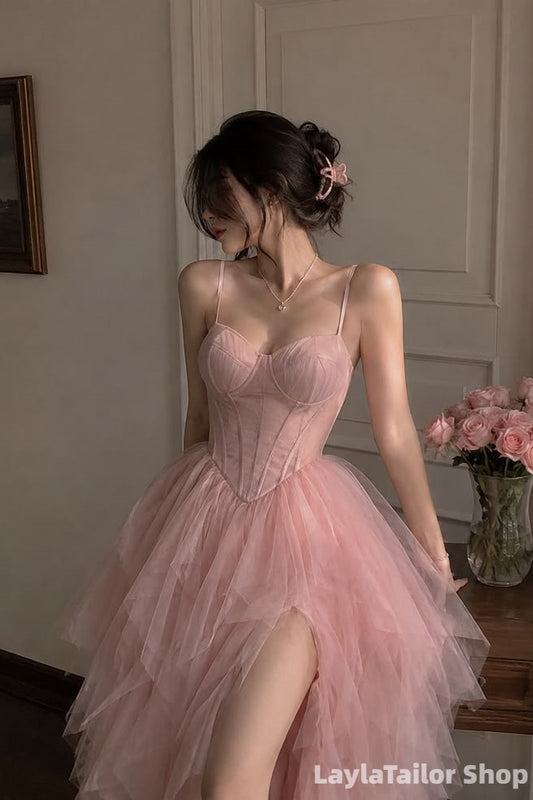 Spaghetti Straps Dusty Pink Corset Homecoming Dress Ruffles Party Dresses LTP82625