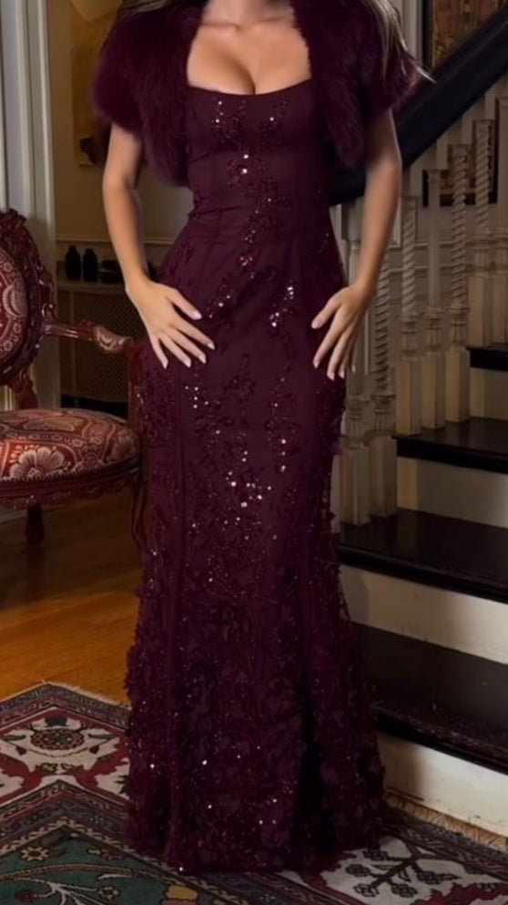 Spaghetti Straps Maroon Lace Prom Dresses Mermaid Lace Bodycon Corset Evening Party Dress,LTP4449