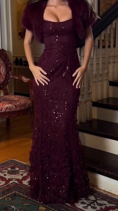 Spaghetti Straps Maroon Lace Prom Dresses Mermaid Lace Bodycon Corset Evening Party Dress,LTP4449