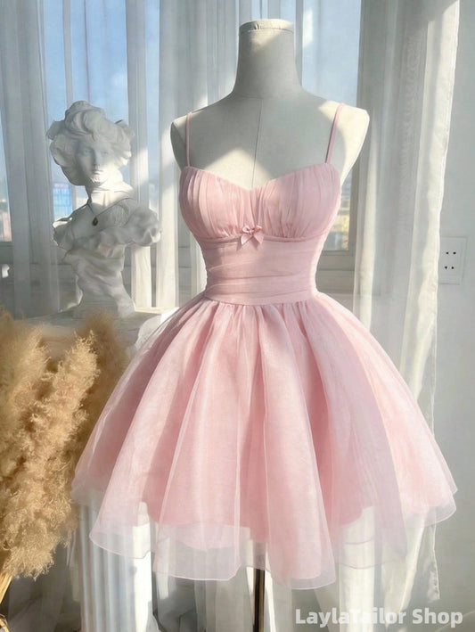 Spaghetti Straps Pink Organza Short Homecoming Dress LTP82729