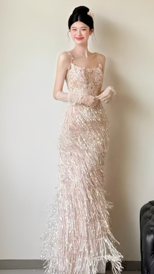 Sparkle Appliques Sheath Prom Dresses Tassel Night Dance Dress,LTP3927