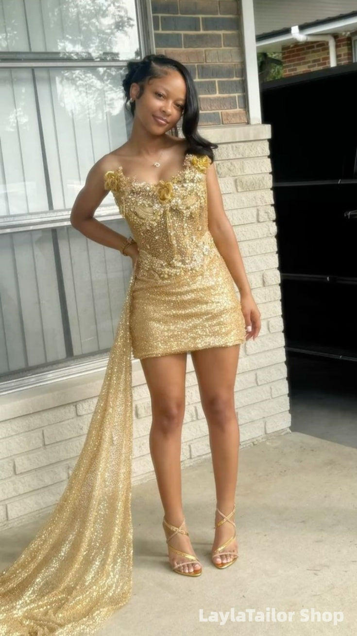 Sparkle Gold Floral Bodycon Homecoming Dresses