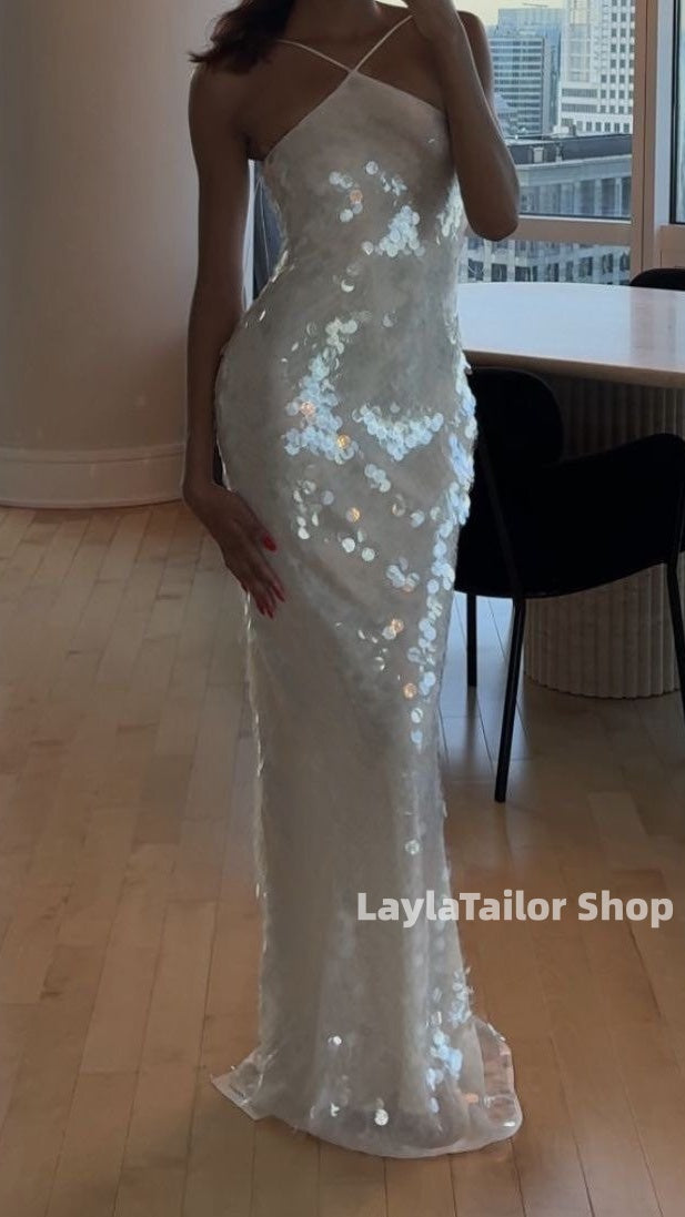 Sparkle Halter White Sequin Long Prom Dress Birthday Party Gown,LTP3610