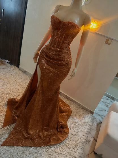 Sparkle Mermaid Sequined Prom Dresses Red Slit Formal Party Dress,LTP4371