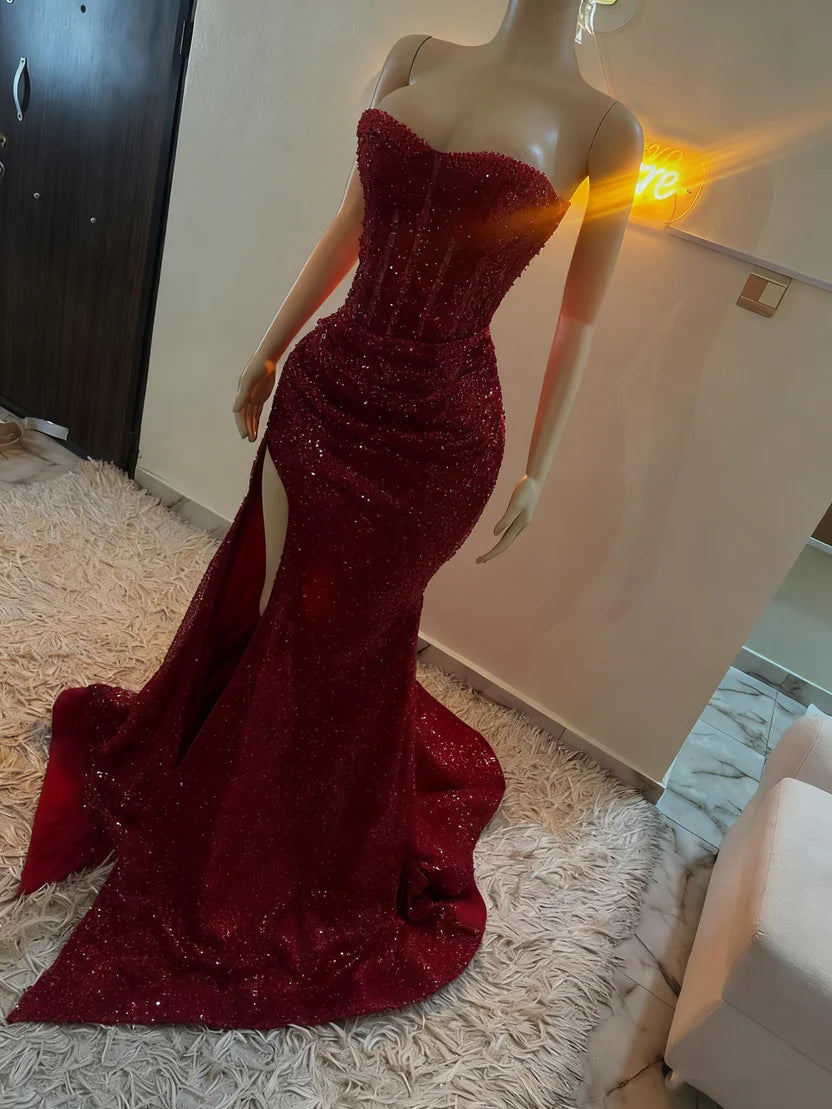 Sparkle Mermaid Sequined Prom Dresses Red Slit Formal Party Dress,LTP4371