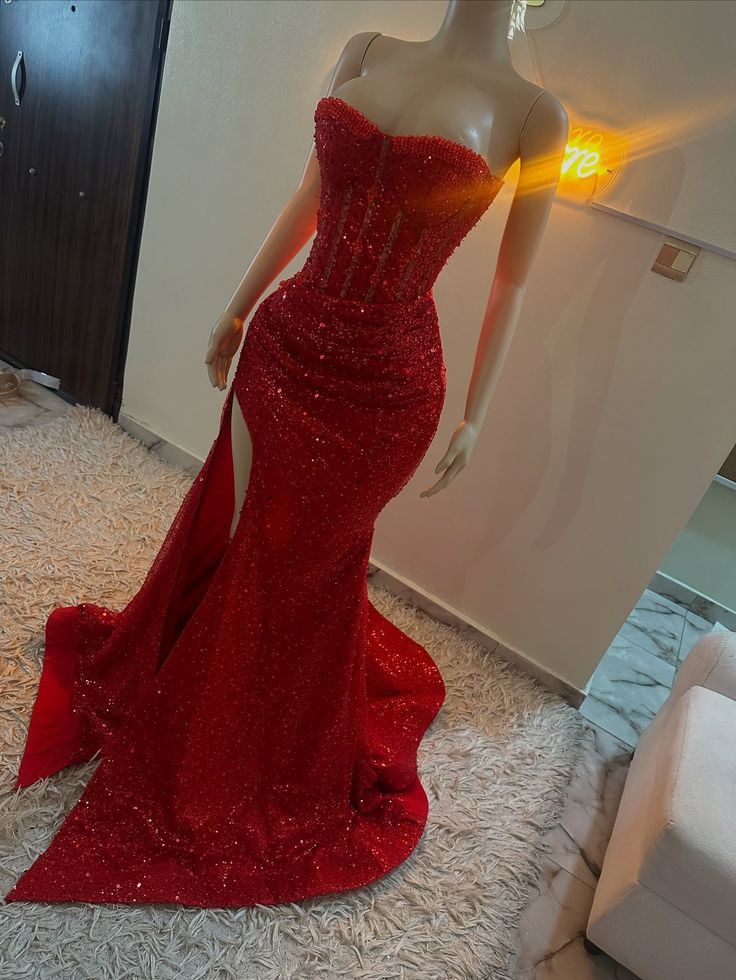 Sparkle Mermaid Sequined Prom Dresses Red Slit Formal Party Dress,LTP4371