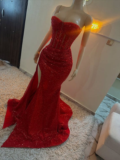 Sparkle Mermaid Sequined Prom Dresses Red Slit Formal Party Dress,LTP4371