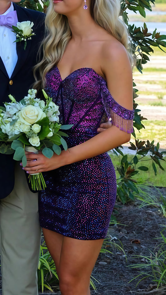 Sparkle Off The Shoulder Bodycon Homecoming Dress, Purple Mini Party Dress,LTP3687