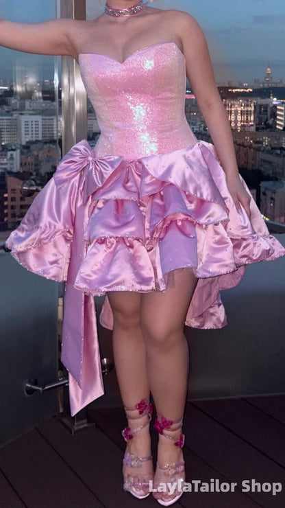 Sparkle Pink Beaded Ruffle Homecoming Dresses Hi-Lo Short Formal Gown
